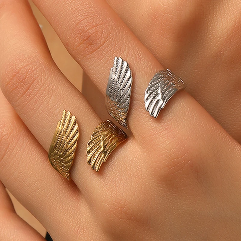 Edelstahl Feder Offener Ring für Frauen Exquisiter Vintage Flügel-Ring Hiphop Punk Lässiger Vielseitiger Party-Schmuck Geburtstagsgeschenk