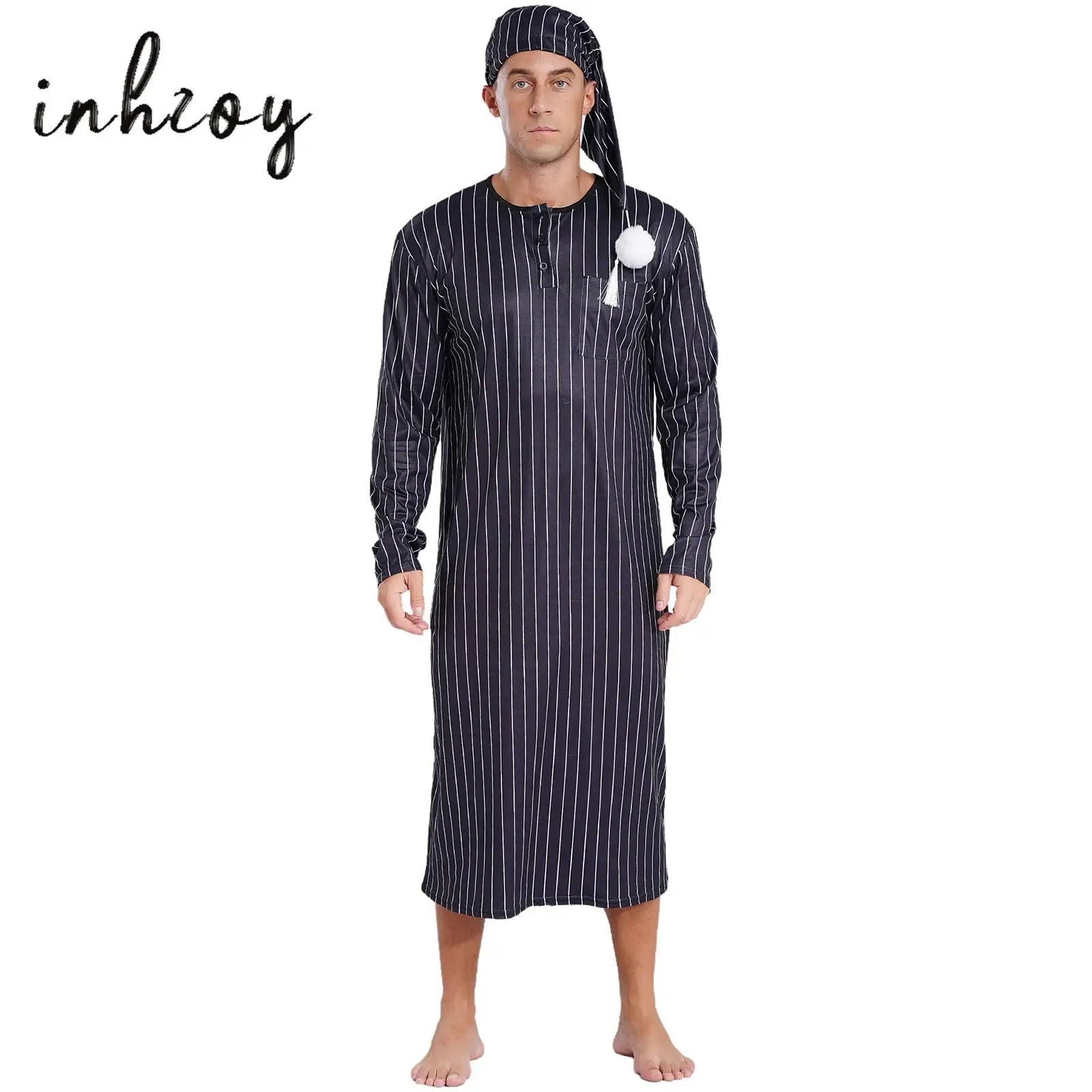 

Mens Sissy Nightwear Striped Sleep Robe Dress Long Sleeve Long Robe and Pompom Adjustable Sleep Hat Arabian Muslim Pajamas 2Pcs