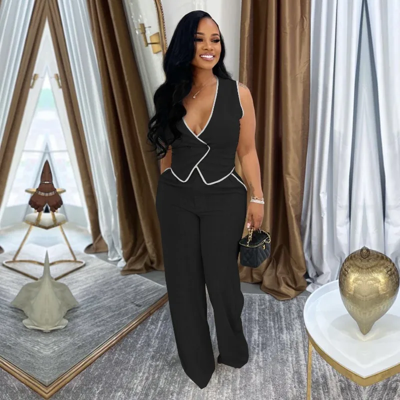 

Leosoxs Модный женский комплект без бретелек, жилет, топы и широкие брюки, костюм 2025 года, летний уличный комплект из двух предметов, спортивный костюм