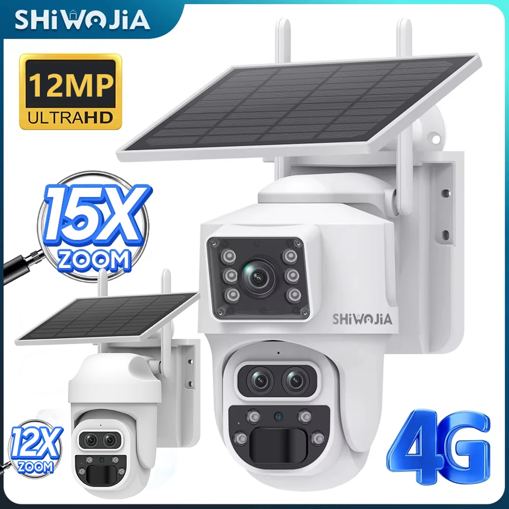 SHIWOJIA 12MP 6K 15-кратный зум Солнечная камера 4G Двойной экран Открытый три объектива 7800 мАч Батарея Камера Обнаружение PIR Автоматическое отслеживание CCTV