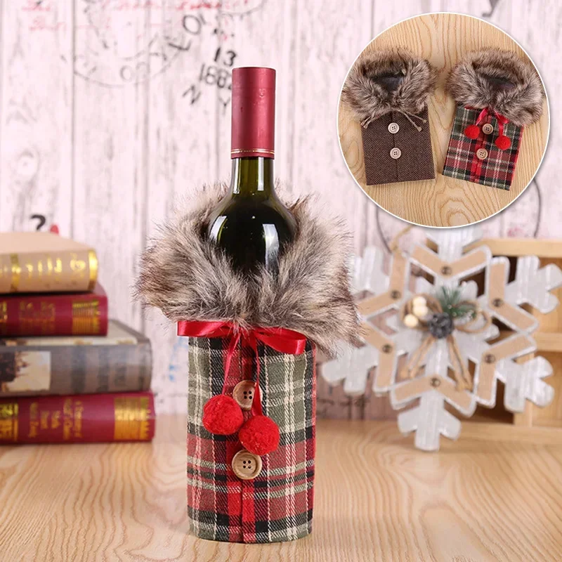 1PC Christmas Wine Bottle Covers Bow Hemp Wool Collar Champagne Bottle Cover For Xmas New Year Party Home Dinner Table Decor