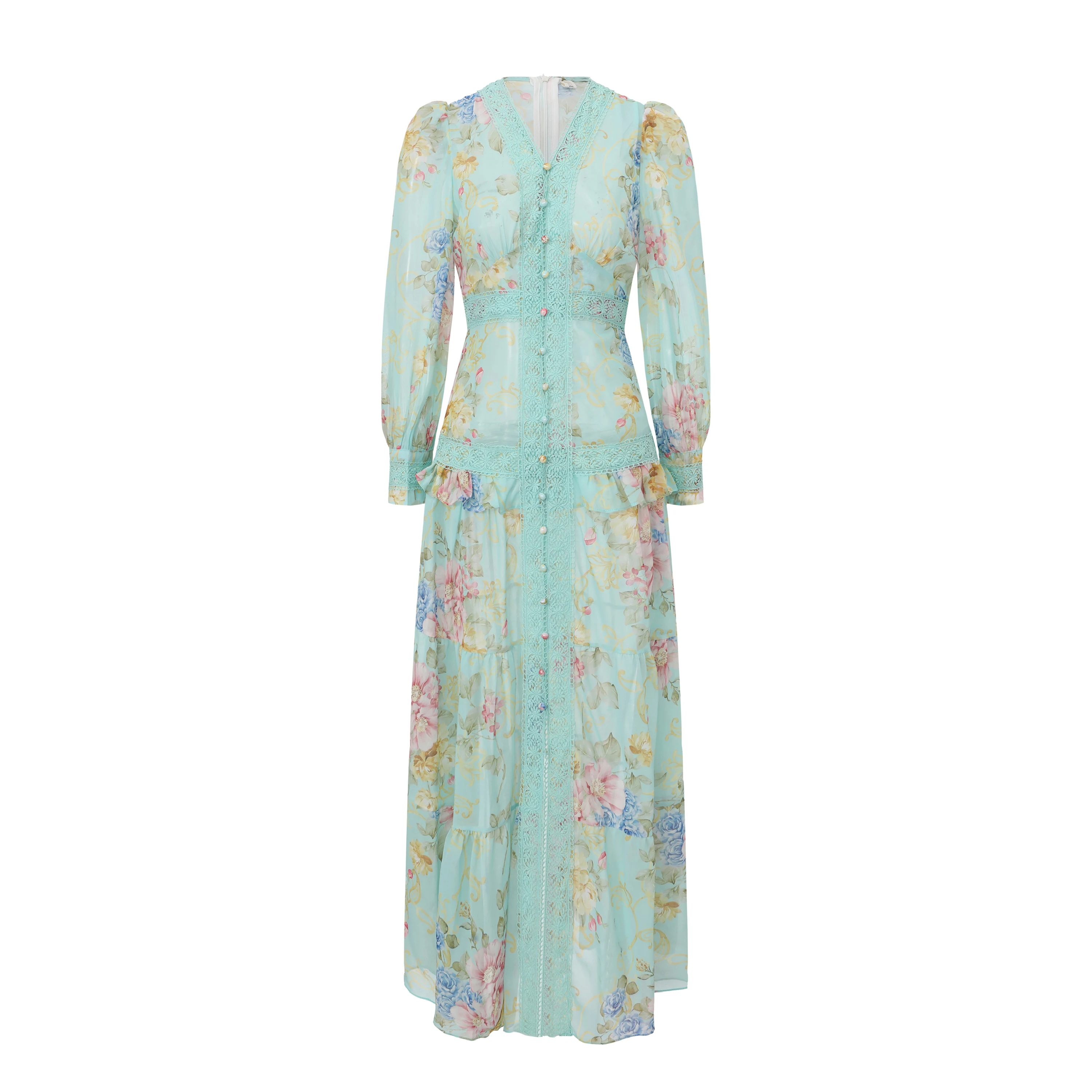 Iridesse, Frühling Sommer, Neu, Ölgemälde, Blumendruck, Spitzeneinsatz, Langes Kleid, Elegantes Damenkleid, Retro Maxikleid