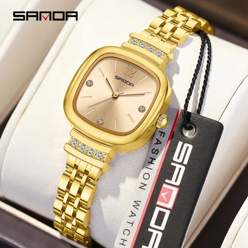

SANDA модные элегантные маленькие квадратные женские часы с ремешком из нержавеющей стали кварцевые наручные часы для женщин модные роскошные подарочные часы