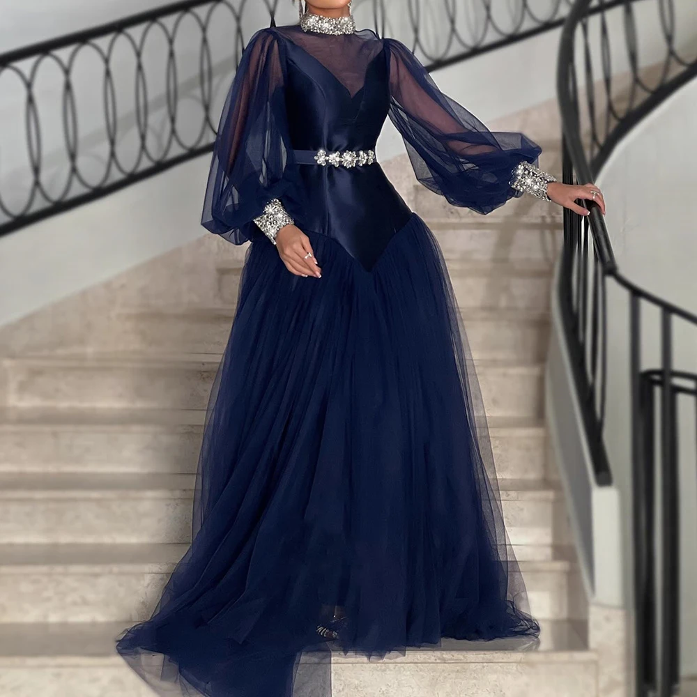 

Вечерние платья трапециевидной формы по индивидуальному заказу, длиной до пола, с высоким воротом и длинными рукавами, платье для выпускного вечера, модное простое драпированное повседневное вечернее платье с кристаллами