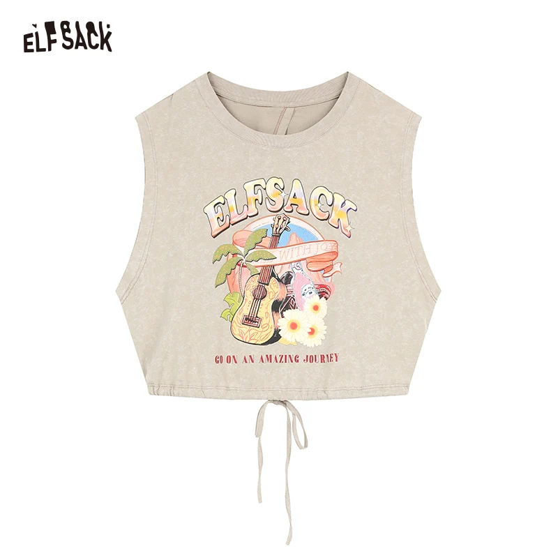 ELFSACK 2024 summer new arrival White loose letter print slim back split design sleeveless vest T-shirt for women