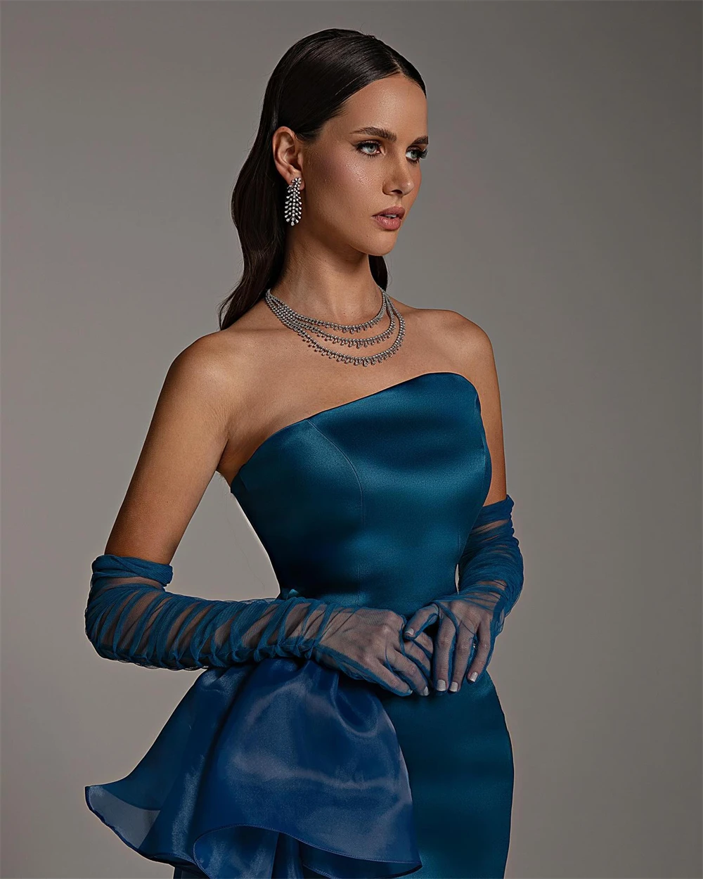 Custom Satin Evening Dress Strapless Floor-Length Prom Gown