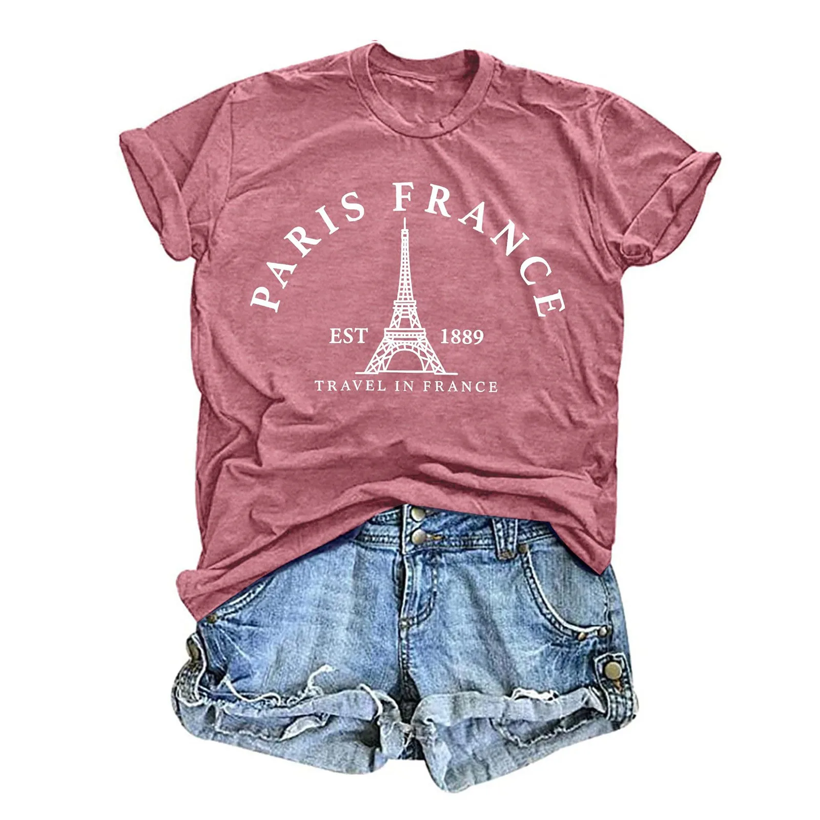 Frankrijk Toren Effen Kleur Shirt Reizen In Frankrijk Veelzijdige Minimalistische Tops Casual Mode Vintage T-Shirt