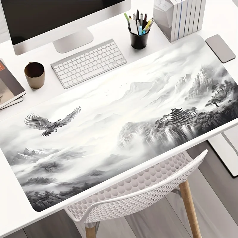 Large Ink Painting Eagle Pattern Mouse Pad, Gaming E-sports Computer Mouse Pad, Office Desktop Decoration Pad, Rubber Material