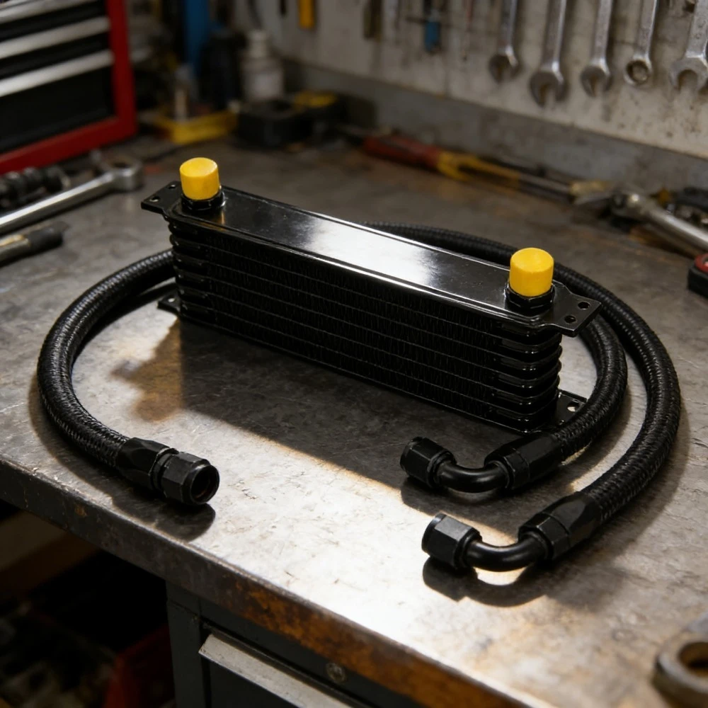 

Black 7 Rows Engine Oil Cooler Kit With 2PCS AN10 Nylon Stainless Steel Braided Hose Universal Racing