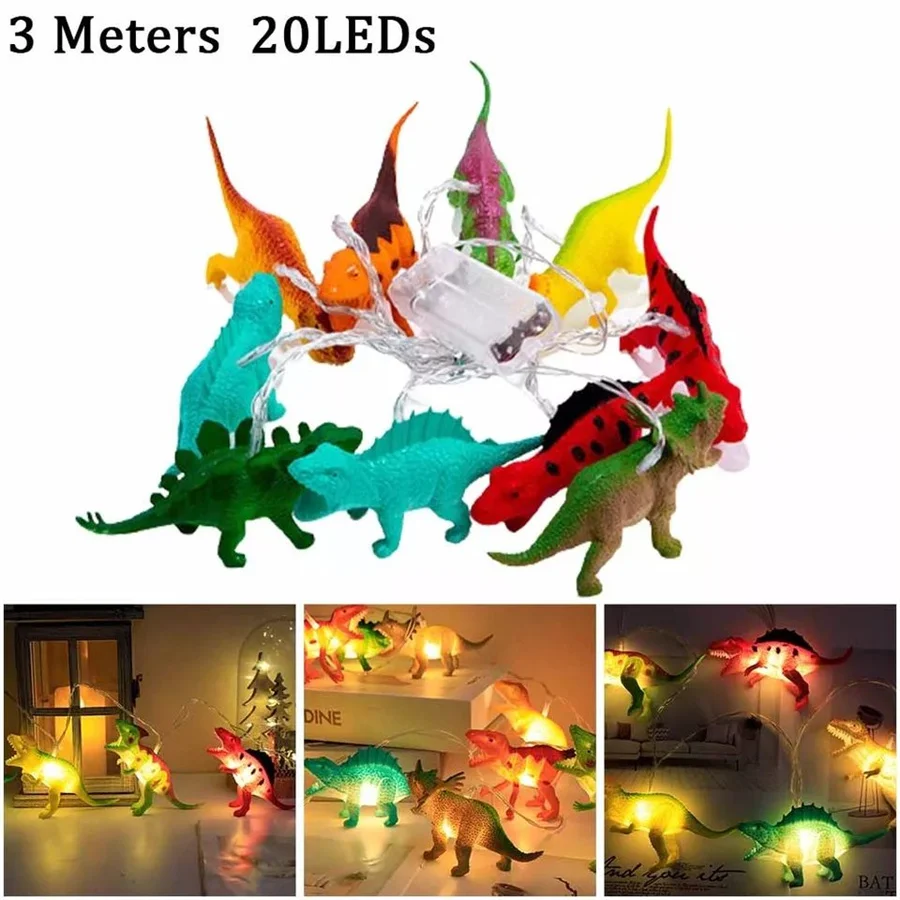 Lampu garis peri karangan bunga Natal dinosaurus 3M 20LED hadiah mainan dinosaurus bertenaga baterai untuk dekorasi kamar anak-anak pesta