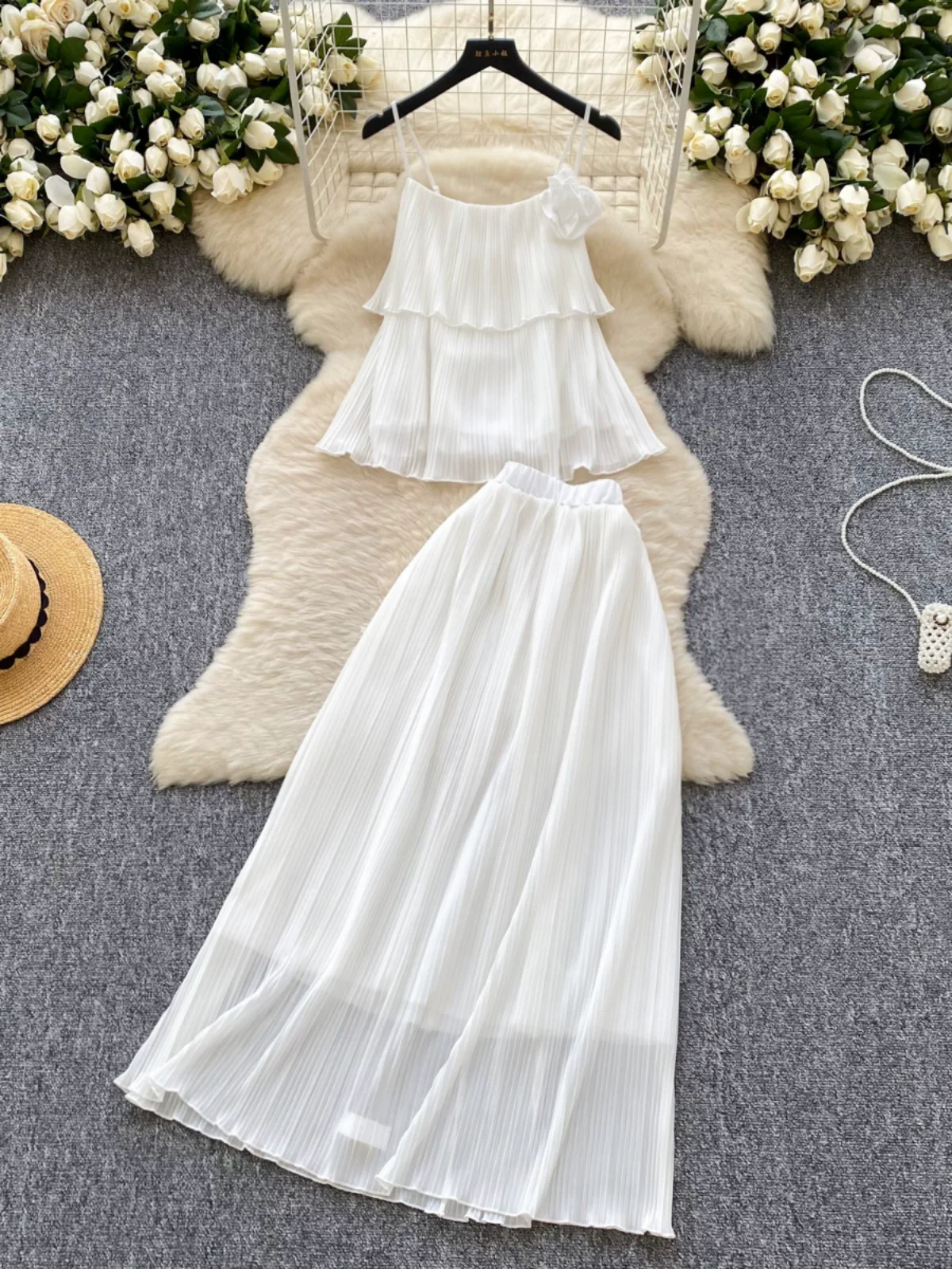 

Women Chiffon Pleated Skirt White Beach 2 Piece Sets Women Outfit Fashion Top And High Waist Long Skirt Fairy Two Piece Set