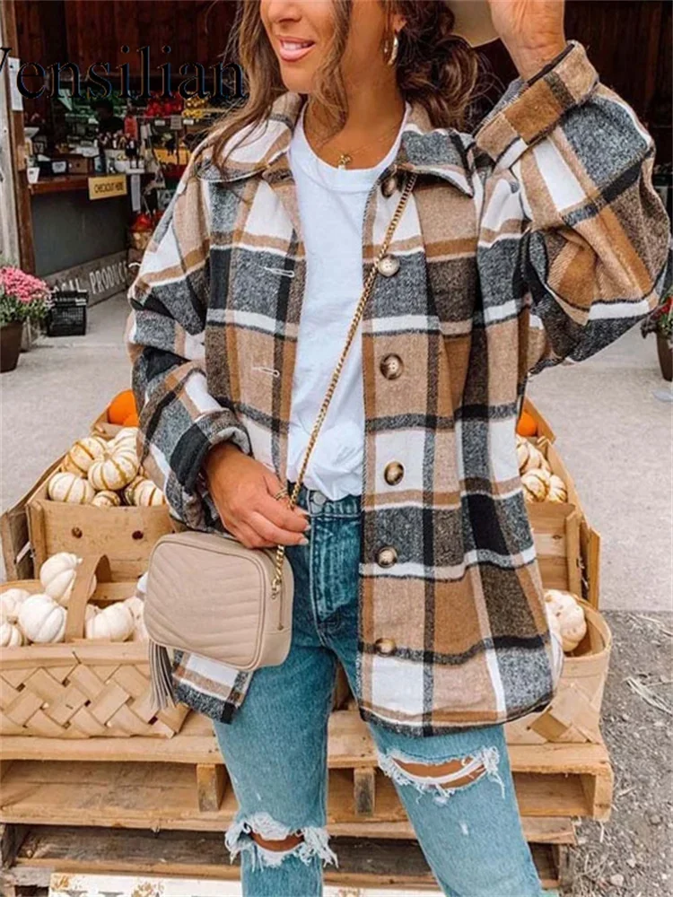 Spring Autumn Plaid Shirt Women Vintage Shirts Loose Casual Blouse Female Long Sleeve Button Streetwear Fashion Tops Ropa Mujer