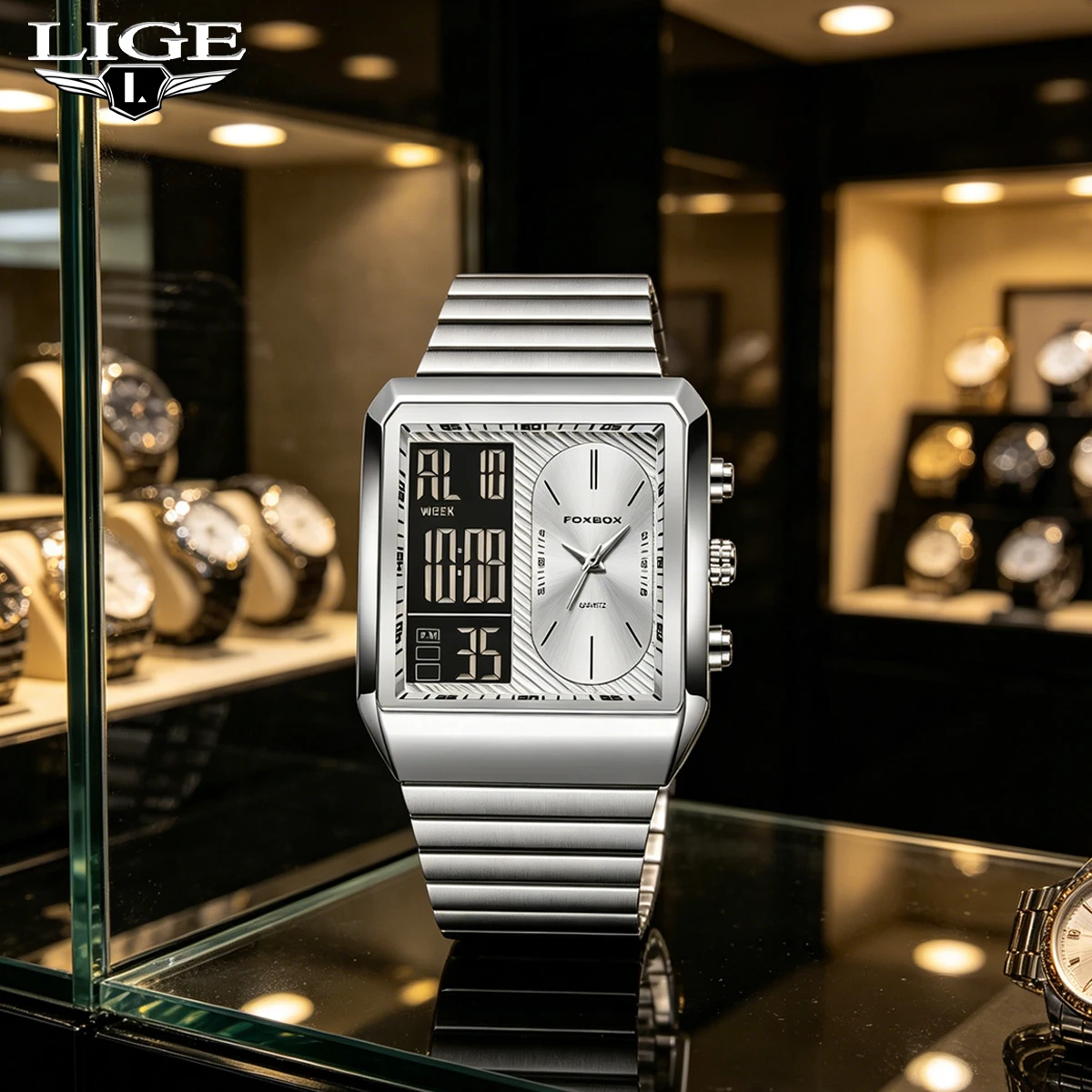 

LIGEl Dual Display Man Watch FOXBOX Fashion Waterproof Chronograph Watch For Men Luxury Stainless Stee Date Men's Quartz Watches