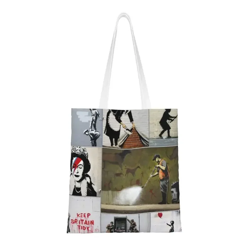 Bolso de compras Banksy Graffiti reutilizable para mujer, bolsa de lona de hombro, bolso de mano portátil, bolsas de compras de comestibles de arte Pop callejero