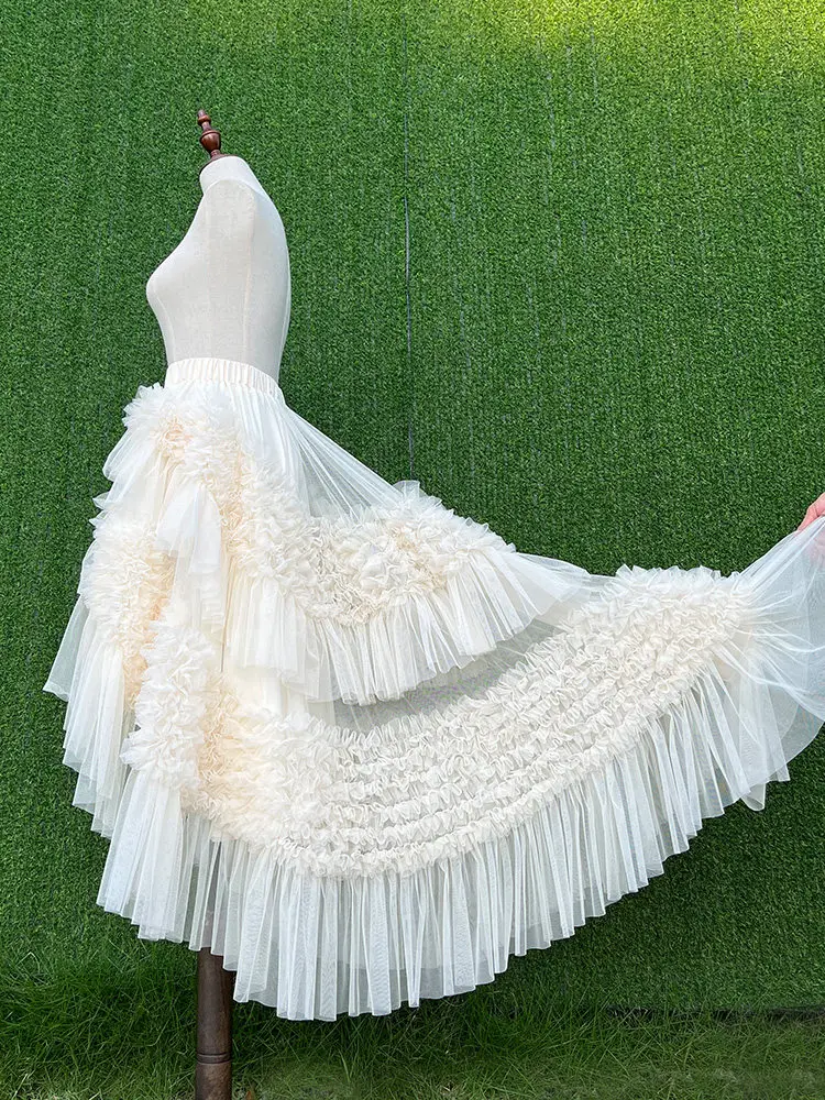 Original Elegant Ruffles Trailing High Waist Puffy Skirt New Spring Summer Irregular Elastic Waist Floor-length Mesh Cake Skirts