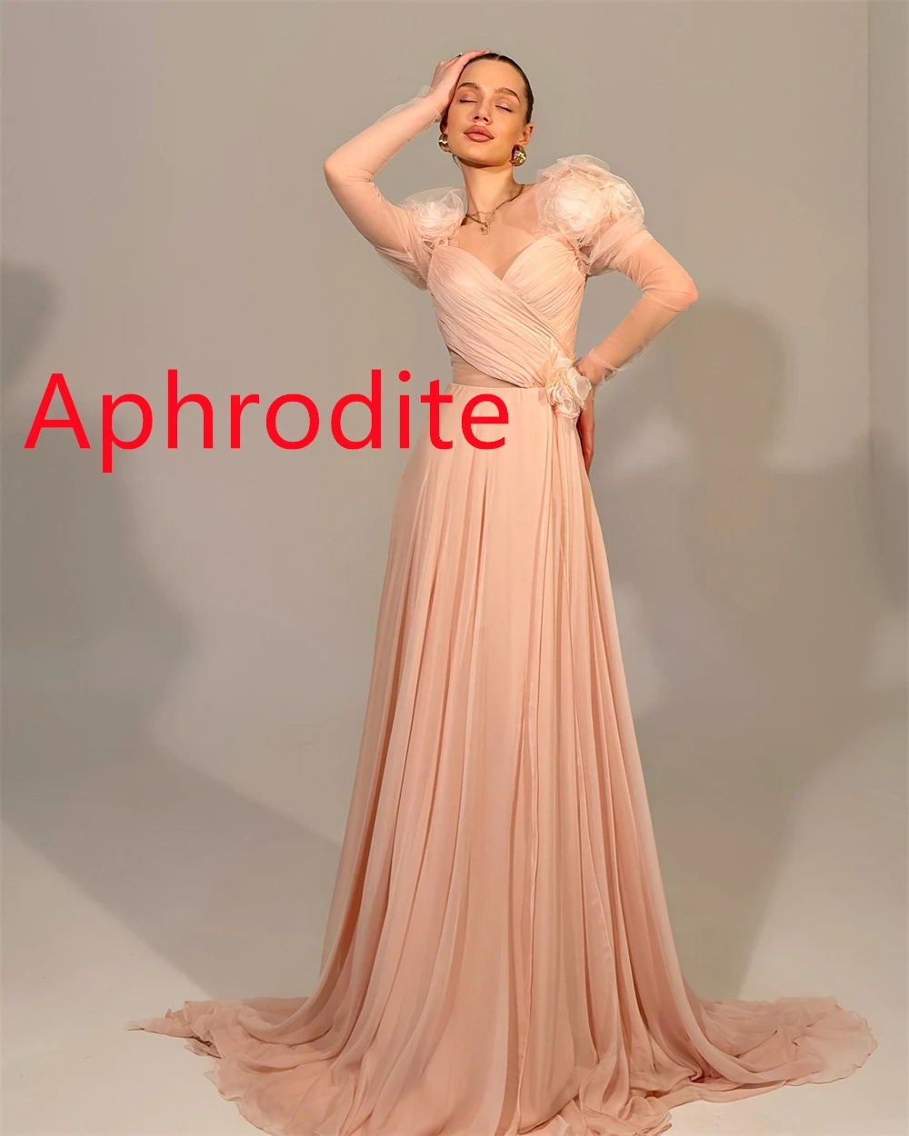 Customized Simple Champagne Chiffon Evening Dress Exquisite Square Collar Puff Sleeves Long Sleeves Special Occasion Gowns