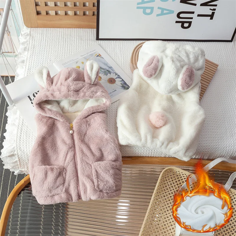 

Winter New Girls Vest Baby Plush Velvet Thick Warm Waistcoats Children Padded Hooded Jackets Kids Autumn Casual Clothing 1-6Y