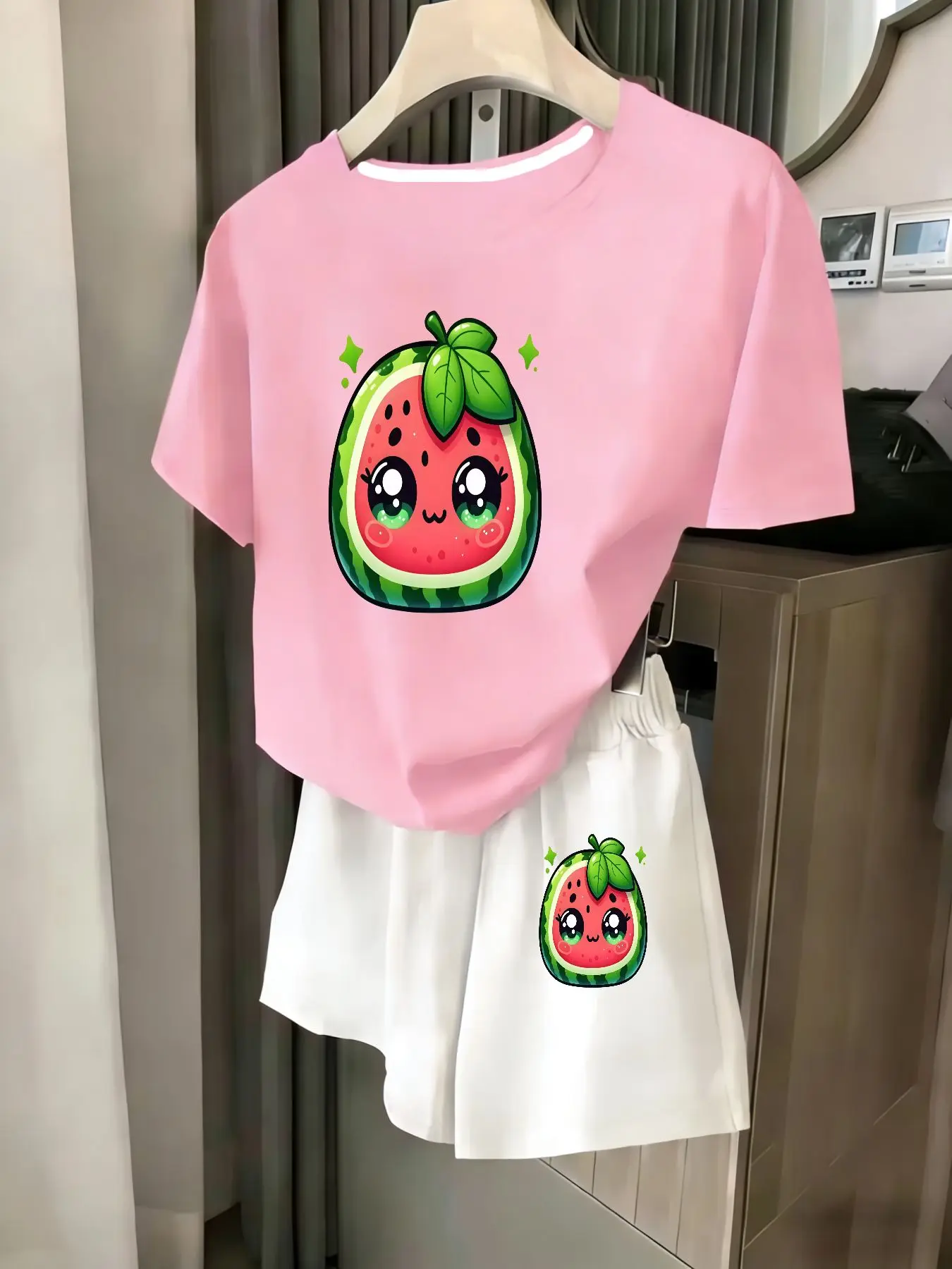 

Женский комплект из 2 предметов, летний комплект для пляжного отдыха, повседневная футболка с круглым вырезом и короткими рукавами, шорты с эластичной резинкой на талии, удобный костюм