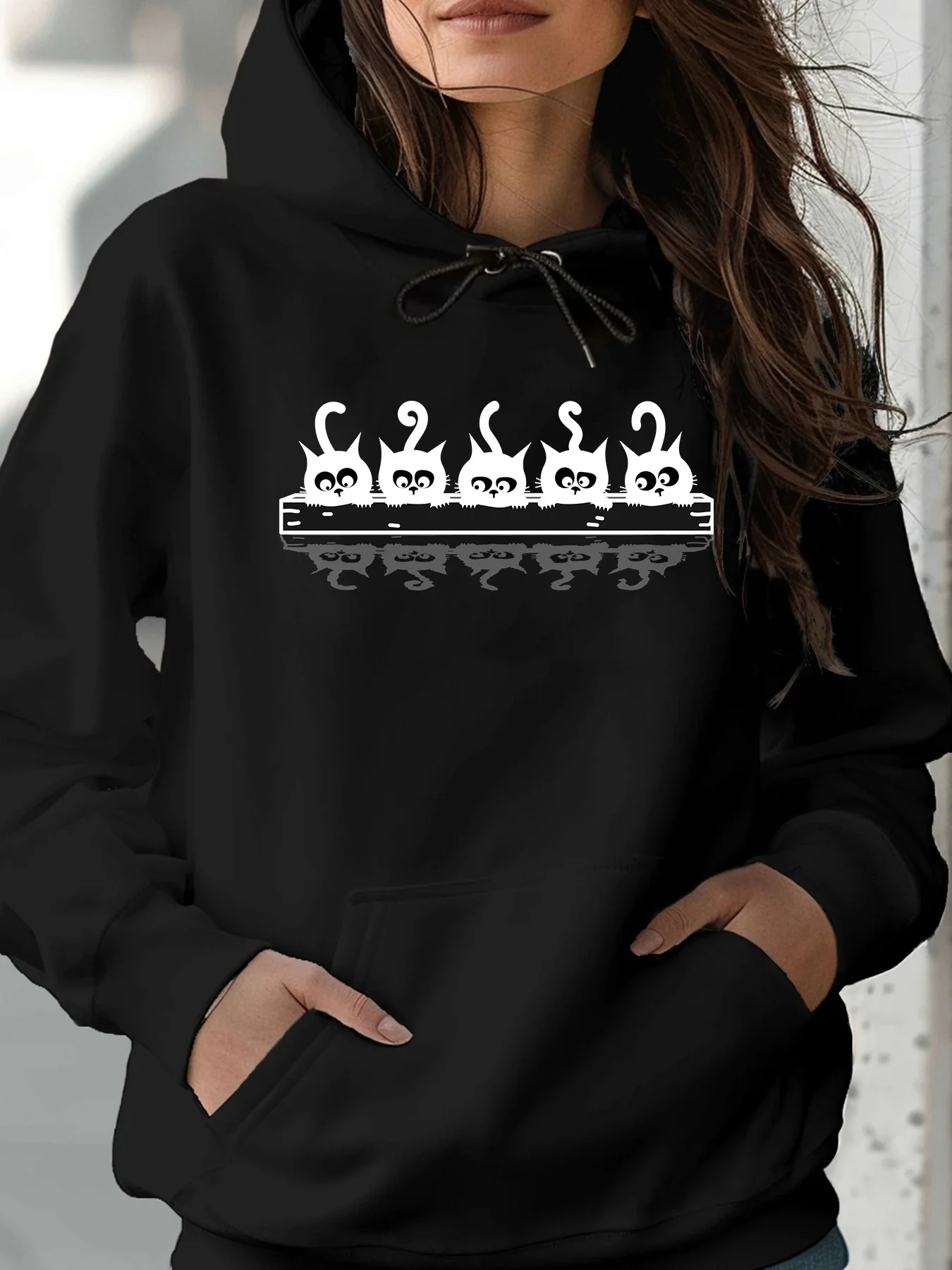 

Hooded Sweatshirt, Five Cute Cat Silhouettes Print Women's Hoodie Loose Fit, with Kangaroo Pocket and Drawstring