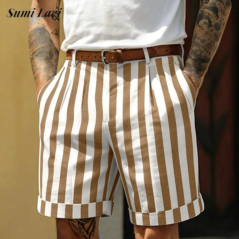 

Fashionable Mens Striped Patchwork Shorts Summer Leisure Breathable Loose Straight Bottoms Men Casual Contrast Color Shorts