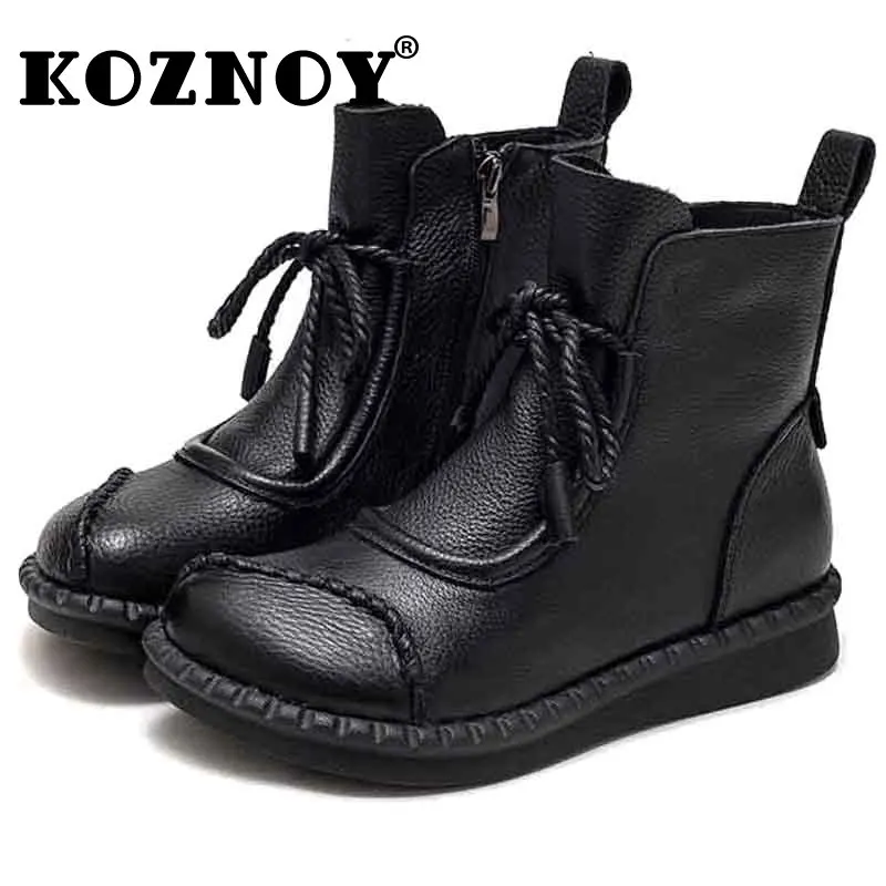 

Koznoy 3cm British Genuine Leather Autumn Spring Loafer Moccasins Motrocycle Women Platform Winter Plush ZIP Ankle Booties Shoes