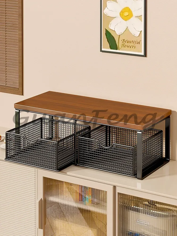 Drawer Style Dustproof Desktop Storage Rack, 2 Tier Iron Frame Organizer Tea Bag Cup Holder