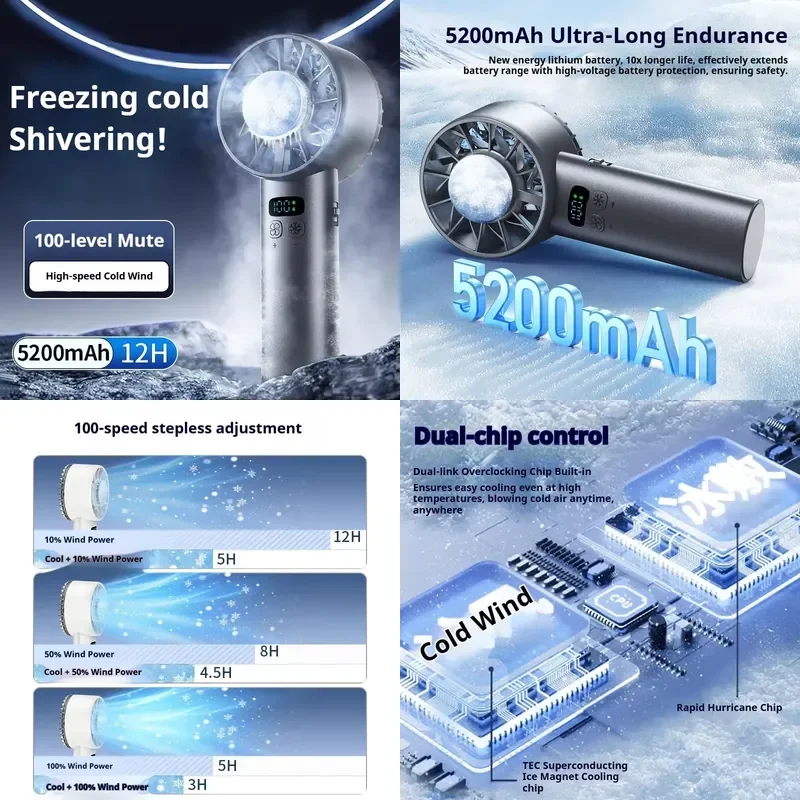 HOMEFISH Ice compress high-speed cooling fan handheld fans USB Rechargeable portable LED Digital Display Travel Camping