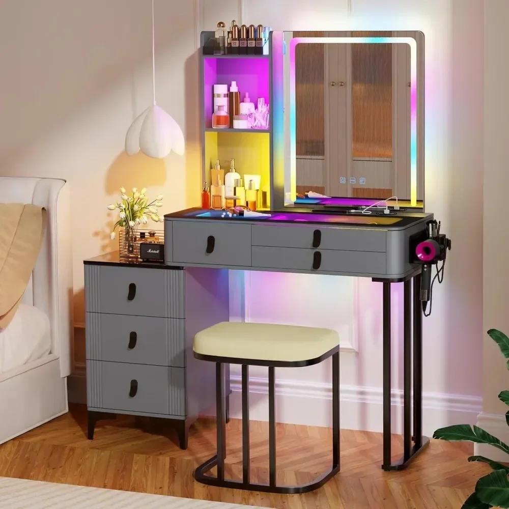 RGB dressing table with mirror and lamp, glass top dressing table, wireless charging station with chair and 6 drawers16Dx47Wx54H