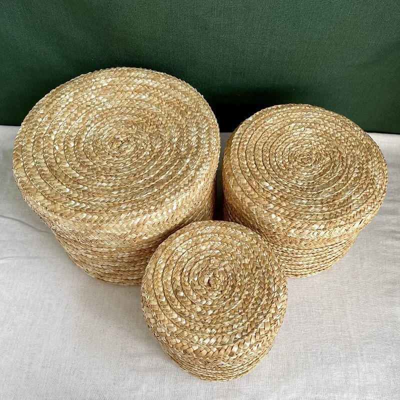 LuanQI-Handmade Straw Woven Basket com Tampa, Caixa De Lembrança De Noiva, Cesta De Plantas De ervas marinhas, Caixa De Armazenamento De Lanches,