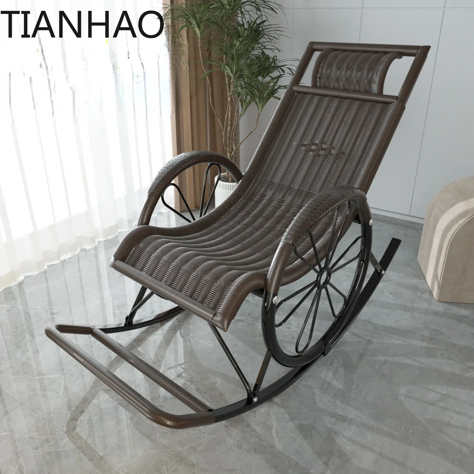 Balcony Rattan Lazy Rocking Chair – Reclining Backrest Leisure Seat for Adults, Elderly Home Rest Chair