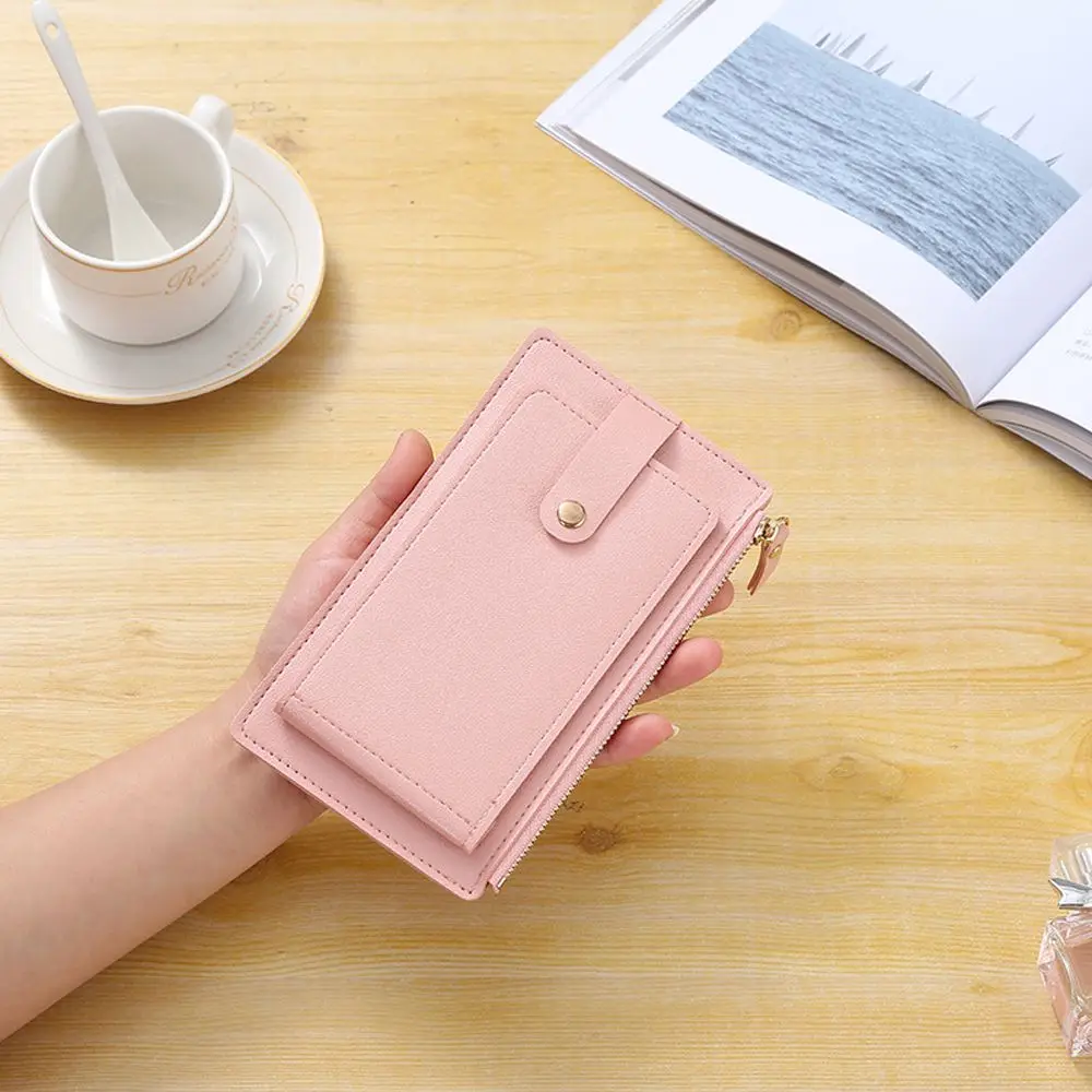 Portable Solid Color Ultra Thin PU Leather Cartoon Design Korean Style Wallets Women Wallets Short Clutch Bag Bank Card Holder