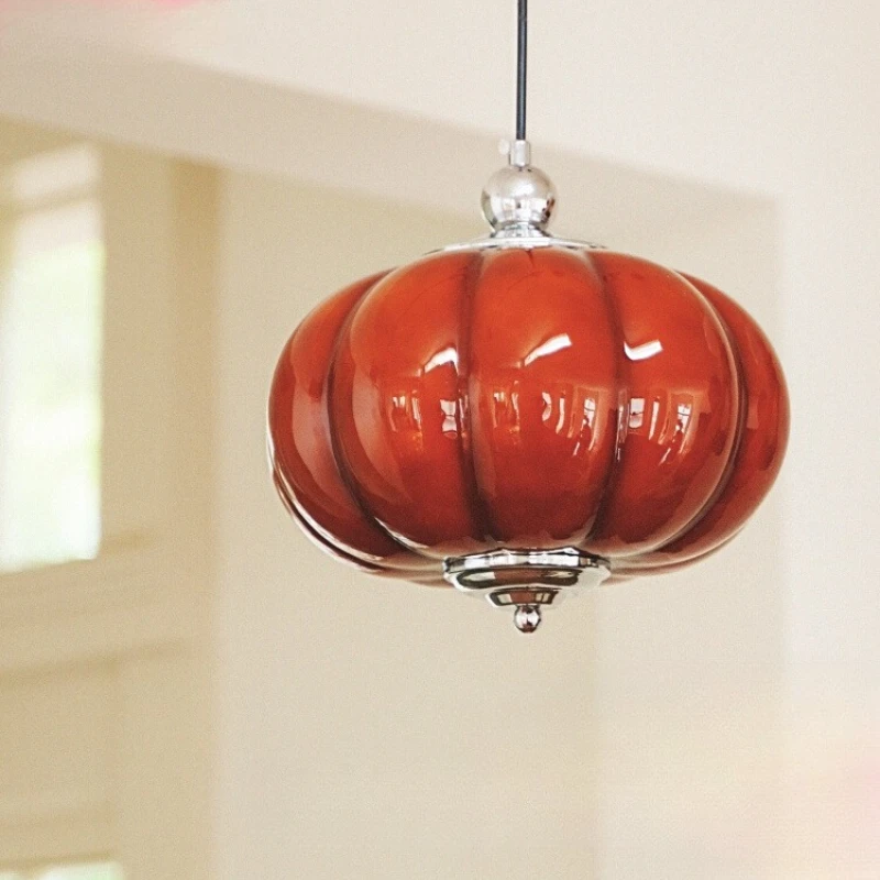 

Vintage Brick Red Artificially Blown Pumpkin Glass Ceiling Pendant Lights LED Living Room Study Restaurant Bedroom Hanging Lamps