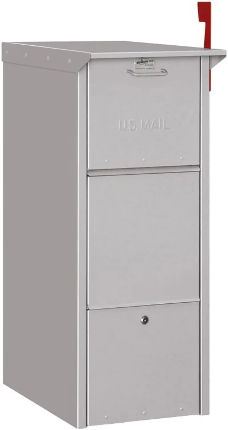 

Mail Package Drop Aluminum Silver Front and rear access locking door with 2 keys for each door (keyed alike)