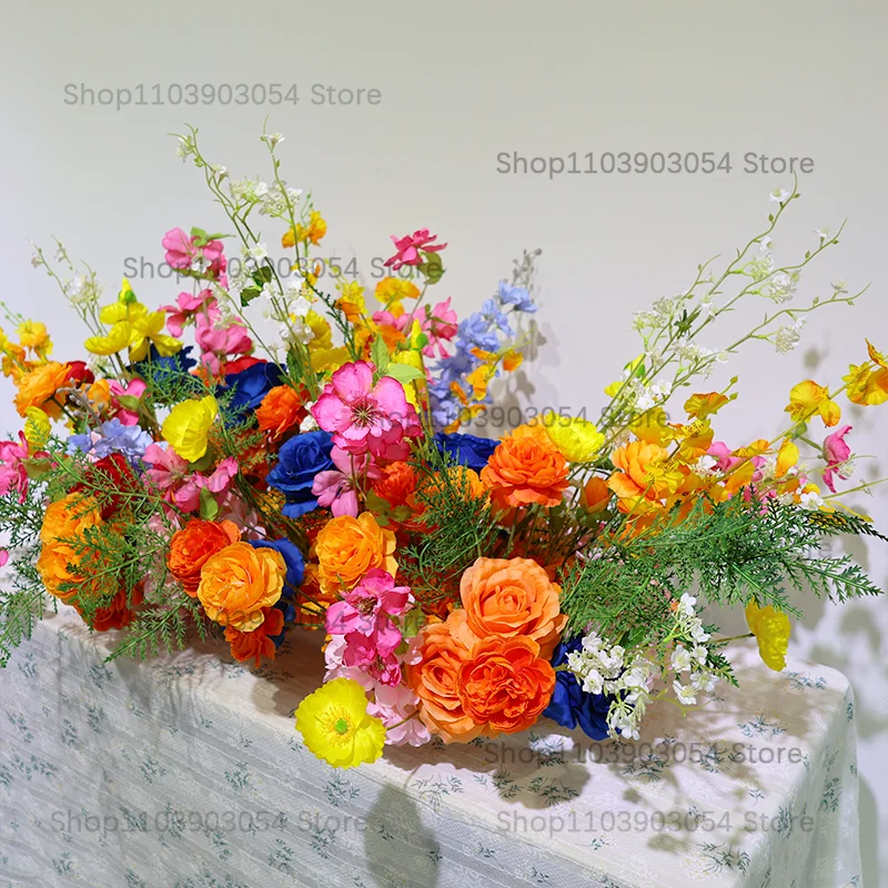 Buntes Orange-Rot-Blau-Rosa Künstliches Tischblumenarrangement Hochzeitsbankett Esstisch-Mittelstück Rosen-Mischblumenreihe – Detail 2