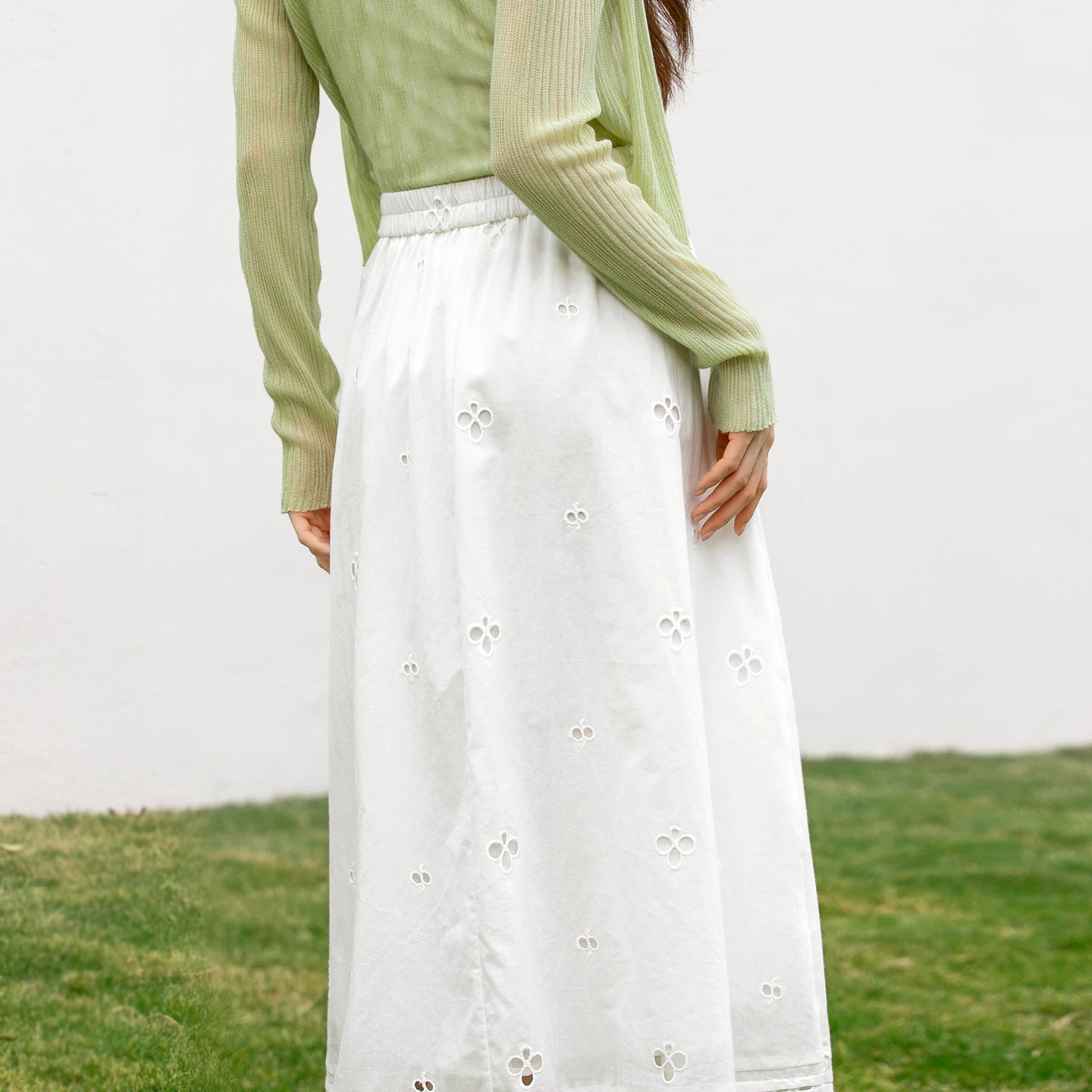 SENTUBILA White A-Line Skirt for Women 2026 Summer New Cut Out Embroidery Accordion Pleated Hem Loose Fit Midi Skirt 162QA5769