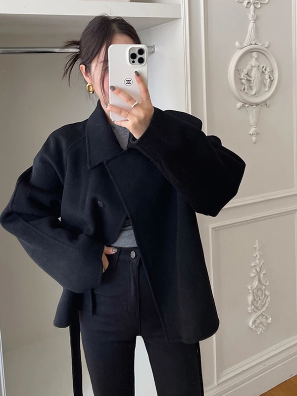 Elegant Short Woolen Coat Women's Chic Fashion High-End Feel Waist-Cinching Korean Style Loose Fit Online Exclusive