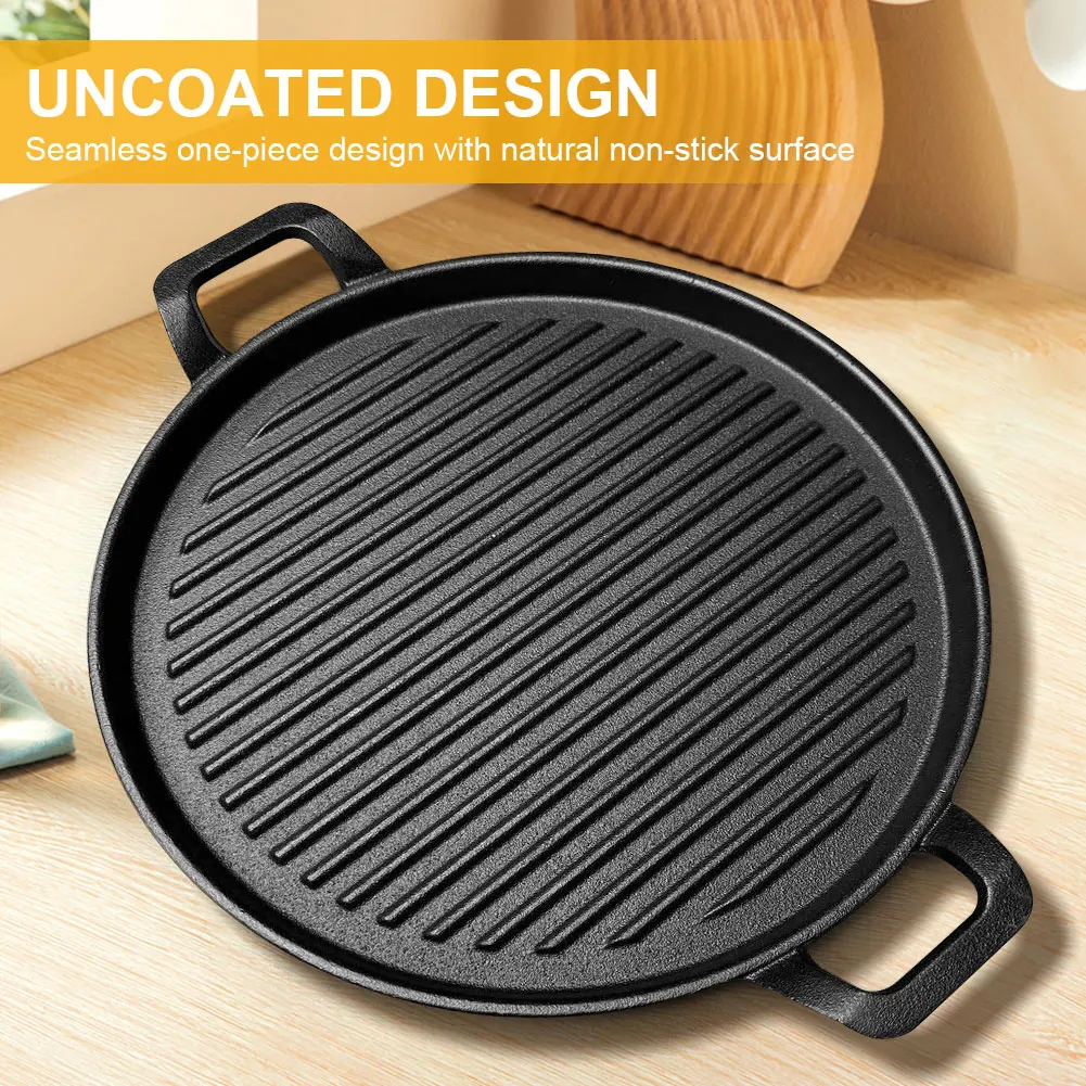 Cast Iron Grill Plate Flat & Ridged Skillet Pan with Handles Griddle Plate Multifunctional for Gas Stove Induction Cooker