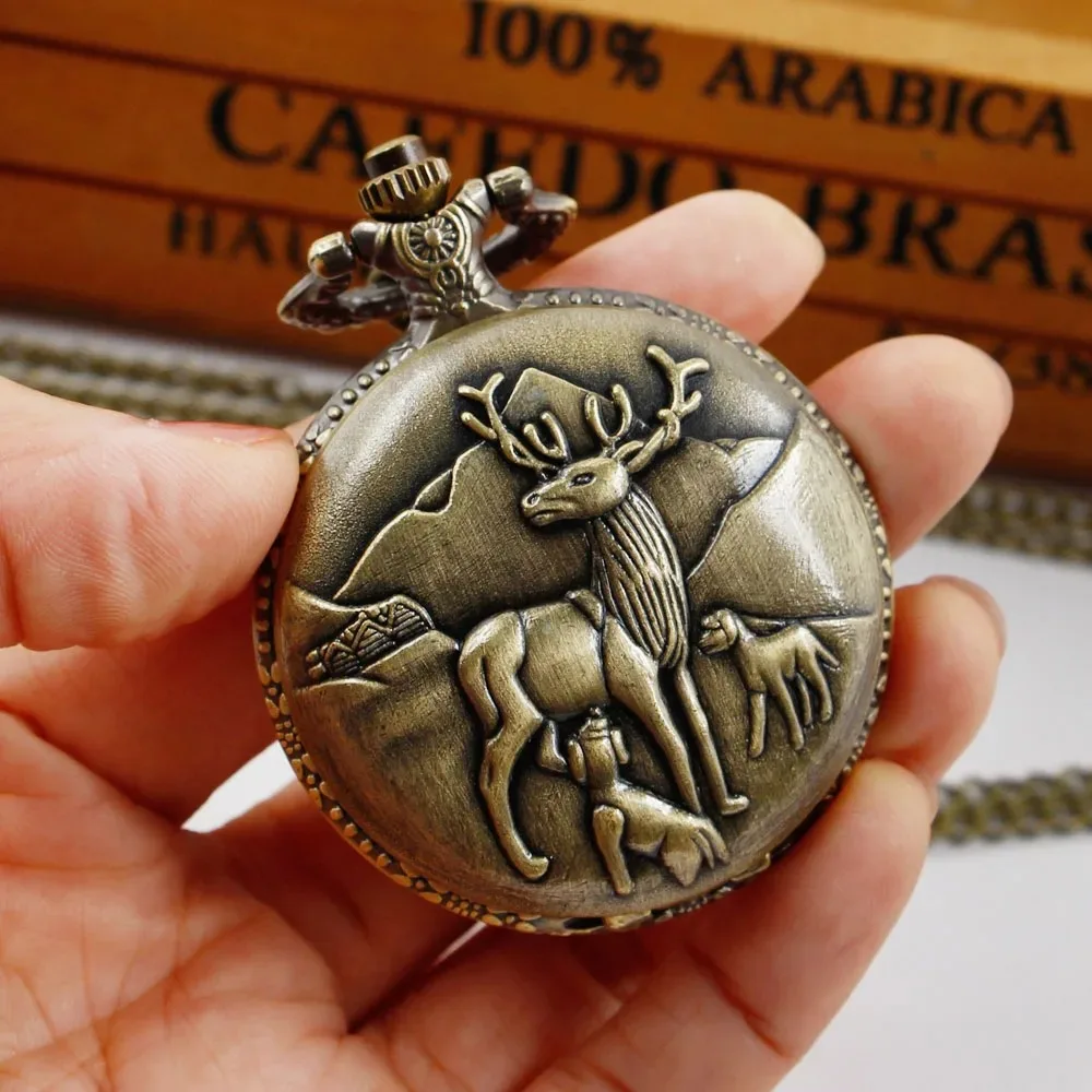 동물 엘크 양각 석영 주머니 시계 체인 남자와 여자의 빈티지 매력 Steampunk 펜던트 목걸이 시계
