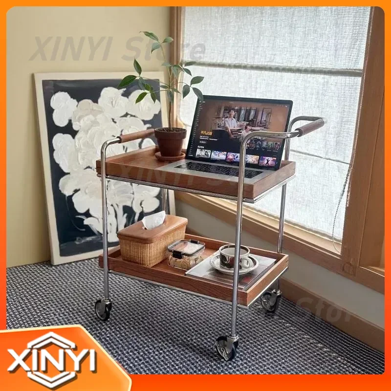 Mid-century Modern Solid Wood Tea Table for Living Room Bedroom Kitchen Rolling Trolley with Wheels Storage Organizer Home