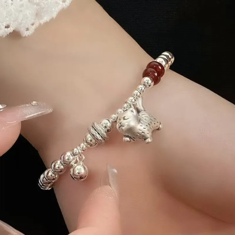 

PANJBJ 925 Sterling Silver Bead Cat Bracelet for Women Red Agate Cute Retro Personality Versatile Jewelry Gift Dropshipping