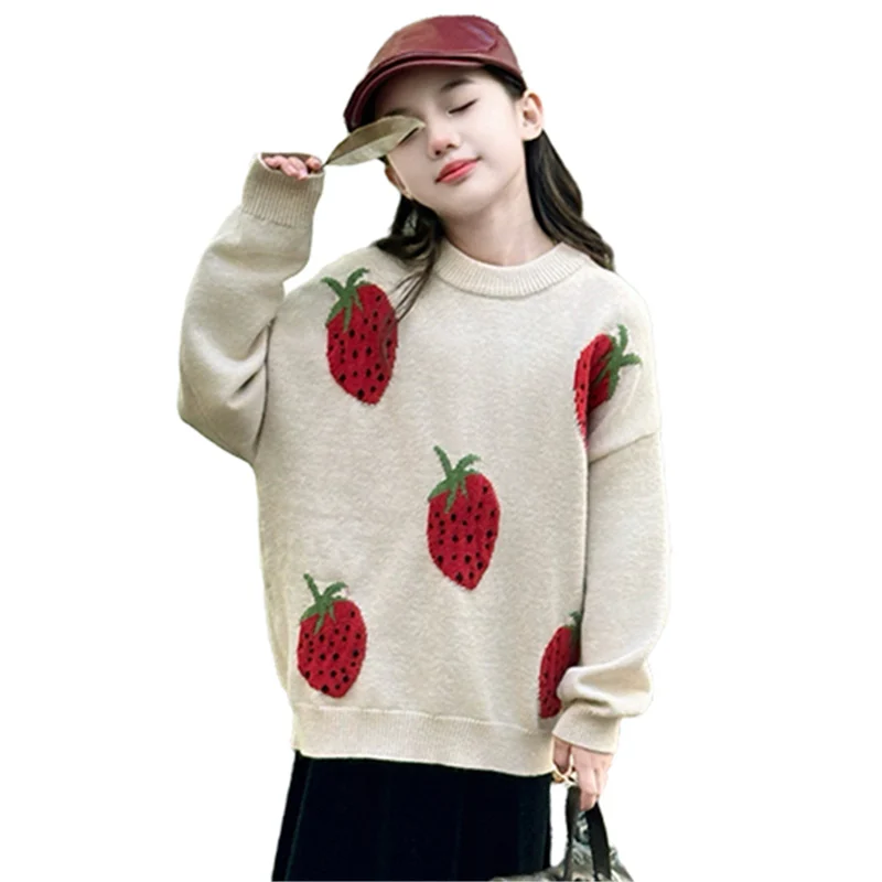 

New Spring Kids Embroidery Strawberry Sweater For Girls Fashion High Street Knitted Clothing Loose Female Child Knitwear 5-14Y