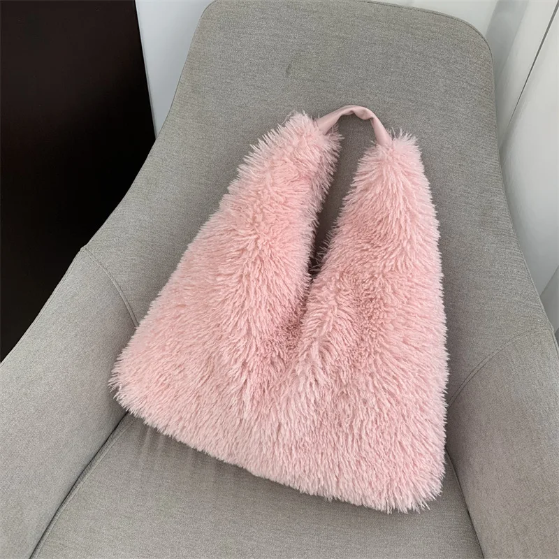 2024 Luxury Designer Faux Fur Tote Bag Women Handbags Autumn Winter Plush Shoulder Crossbody Bags Y2K Girls Brand Shopper Purses