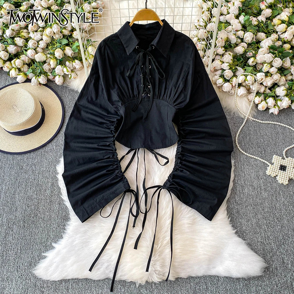 

TWOTWINSTYLE Designer Solid Slimming Blouses For Women Lapel Long Sleeve Spliced Lace Up Autumn Casual Shirts Female KBL546901
