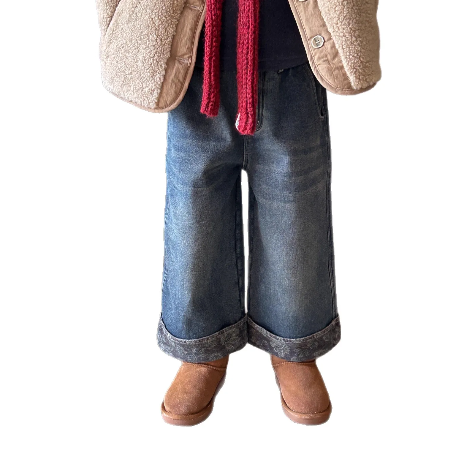 الفتيات السراويل 2025 شتاء نمط جديد مع إضافة المخملية وحواف ملفوفة المألوف واسعة الساق الدنيم السراويل لارتداء اليومي غير الرسمي #5