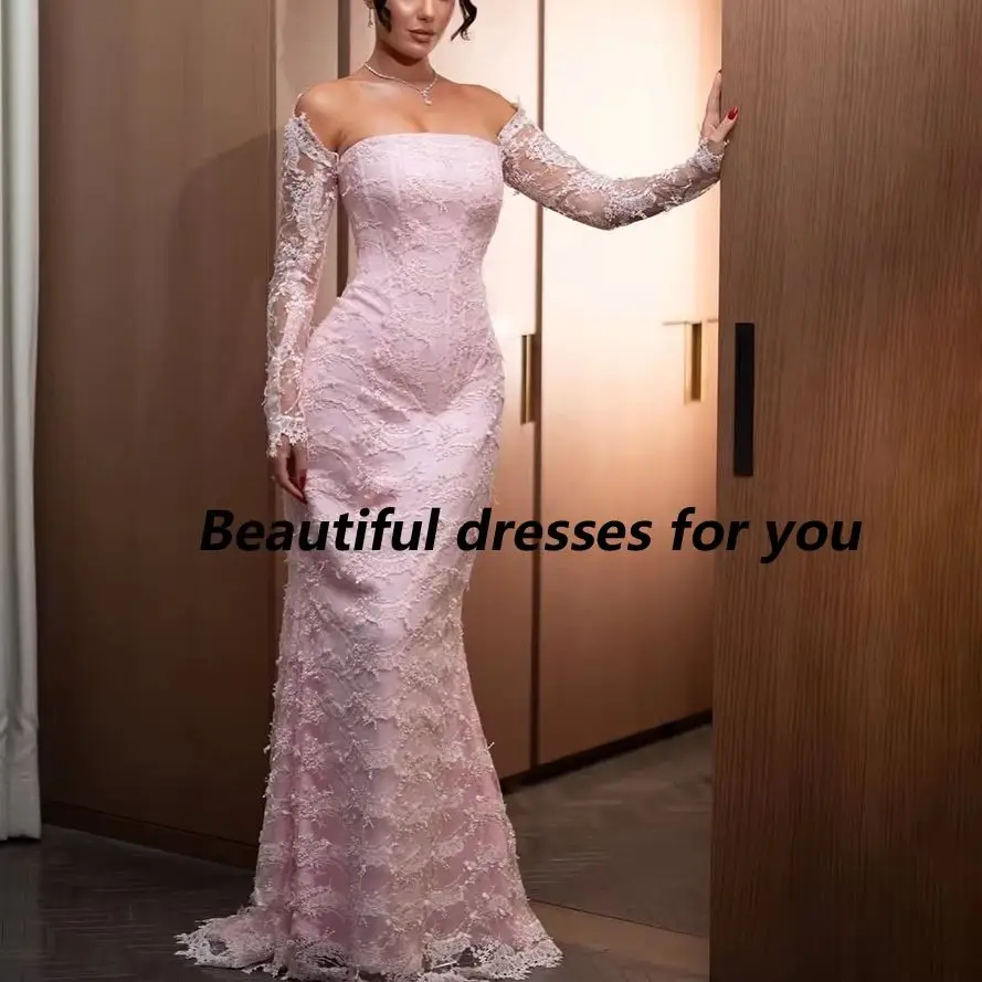 

Exquisite Pink Lace Evening Dress Customized Strapless Appliques Mermaid Formal Party Dresses Woman Floor Length Prom Gown