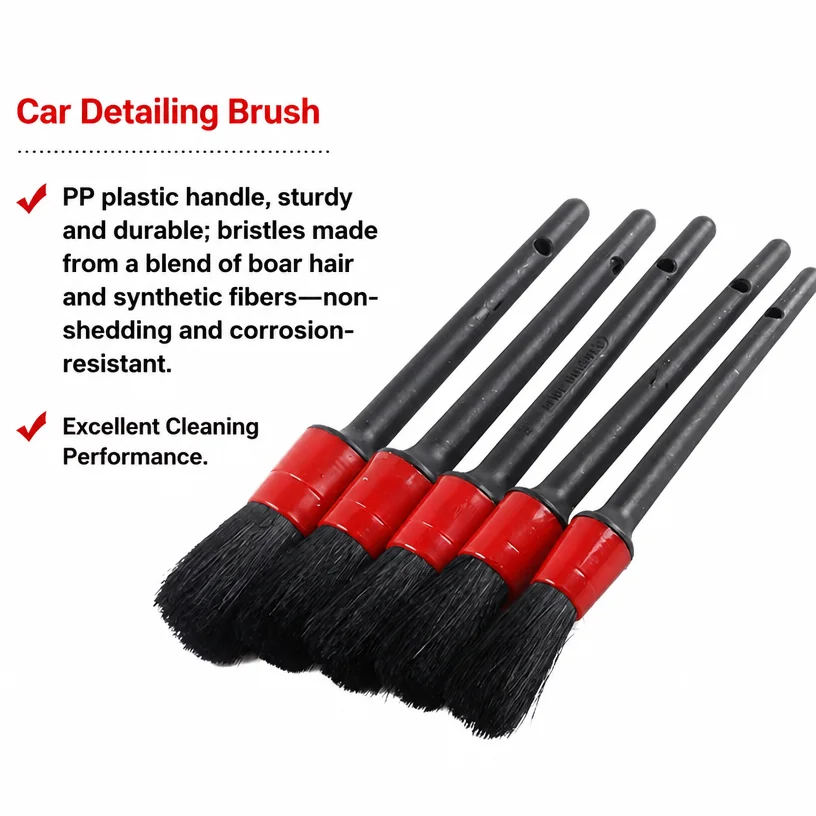 Five Piece Car Detailing Brush Set PP Plastic Handle Horsehair Mixed Fiber Bristles For Interior Air Vents Seams And Washing