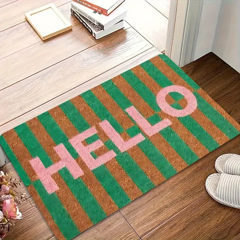 Peach Pink Hello Forest Outdoor Mat - Thick Plush Flannel Doormat, Minimalist Welcome Design, Nature-Themed Entrance Rug
