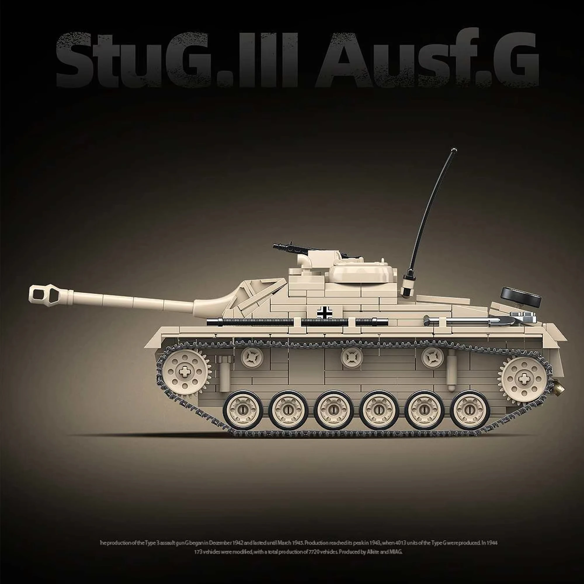 WW2 النموذج الكلاسيكي العسكري Sturmgeschütz III Ausf. مكعبات بناء دبابة G مع 4 جنود وألعاب أسلحة لهدايا عيد الميلاد للأطفال