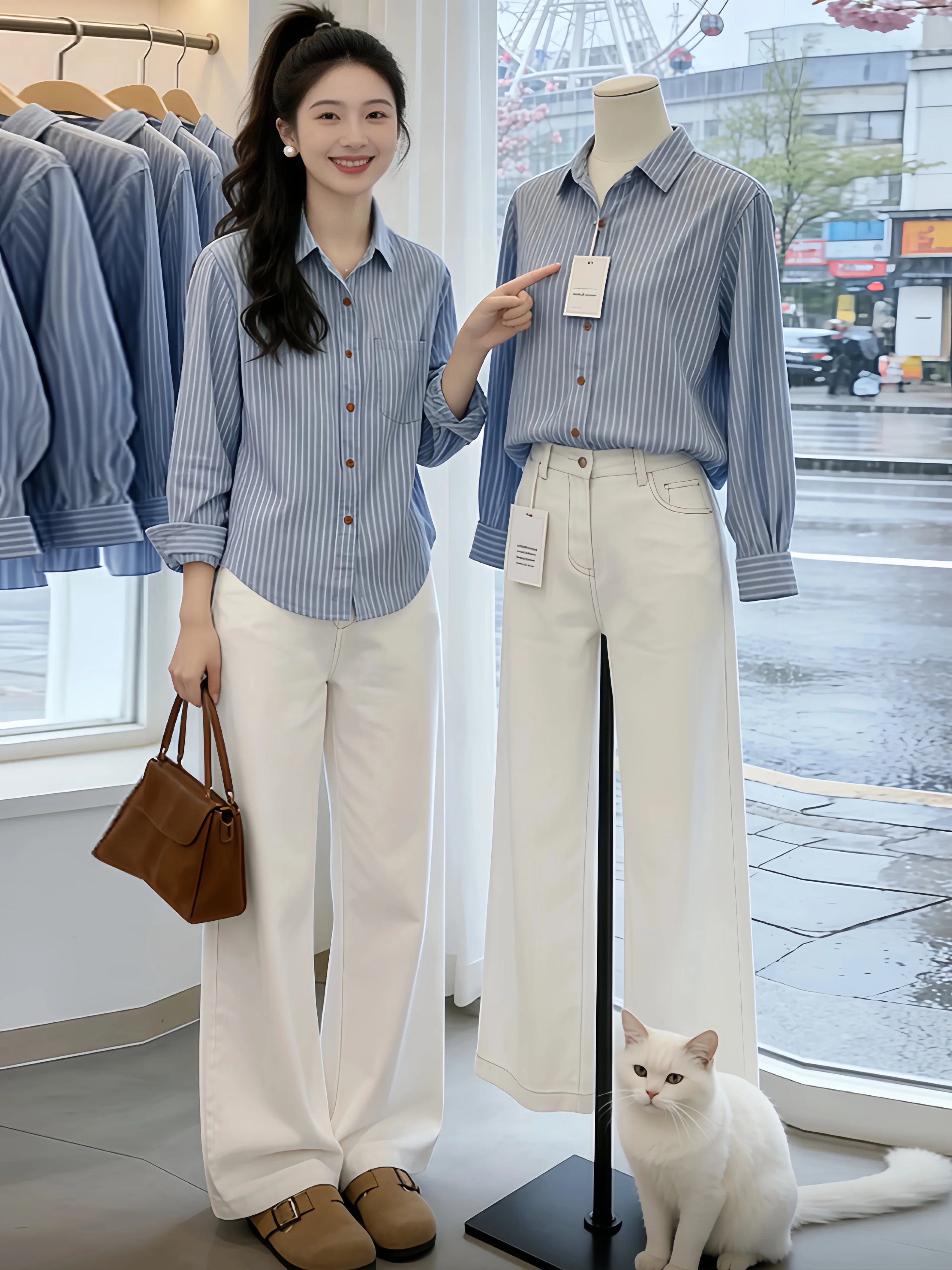 Blue Striped Long Sleeve Women's Shirt Spring Autumn Large Size Loose Collar Commute Versatile Casual Style Button up Blouse