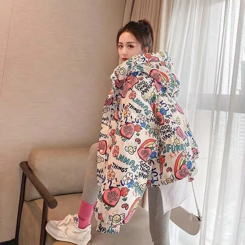 2023 New Women Down Jacket Winter Coat Female Light and Thin Short Loose White Duck Down Slim Printing Hooded Overcoat